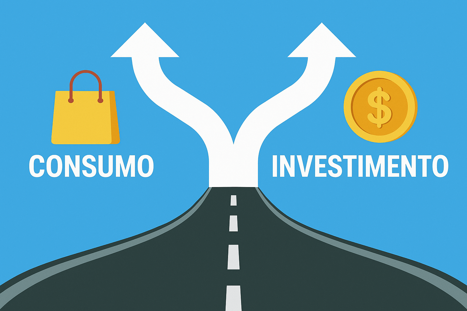 Ilustração de um caminho dividido em duas direções: uma com placas indicando 'Consumo', simbolizando gastos imediatos, e outra com placas indicando 'Investimento', representando crescimento financeiro e planejamento.