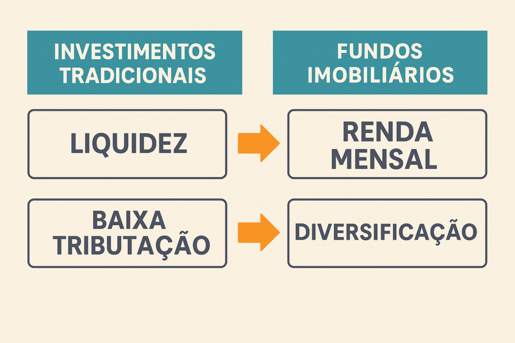 Infográfico comparando investimentos tradicionais com fundos imobiliários, destacando benefícios como liquidez, renda mensal e isenção de imposto.