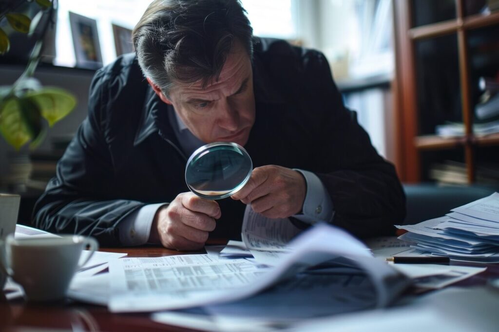 Pessoa investigando contrato financeiro suspeito com lupa.