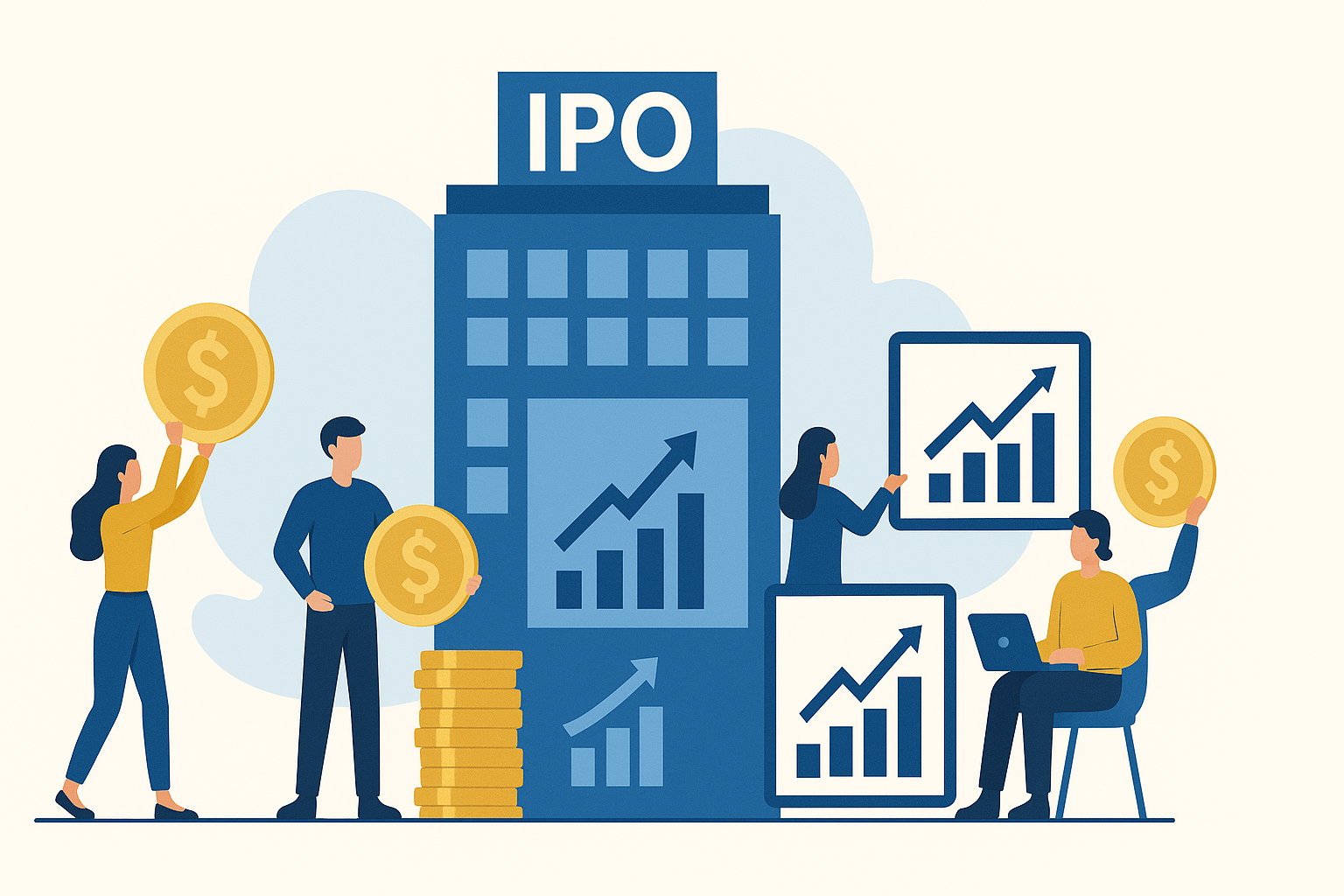 Ilustração de uma empresa abrindo capital na bolsa, com pessoas investindo