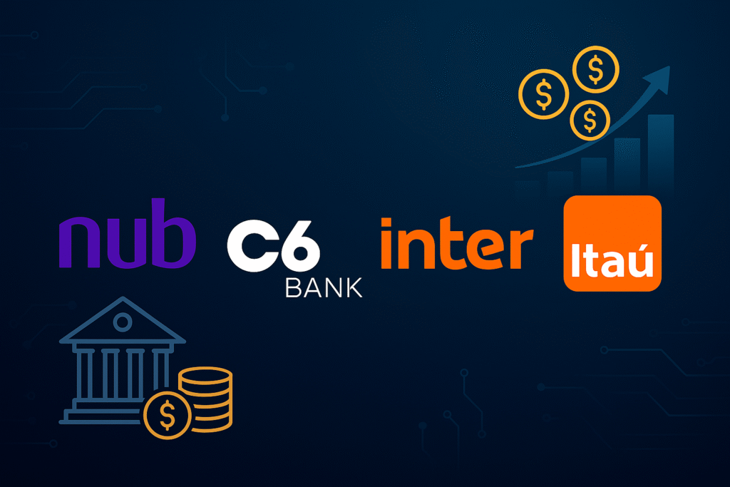 Tela com logotipos do Nubank, C6 Bank, Inter e Itaú representando plataformas de investimento digital