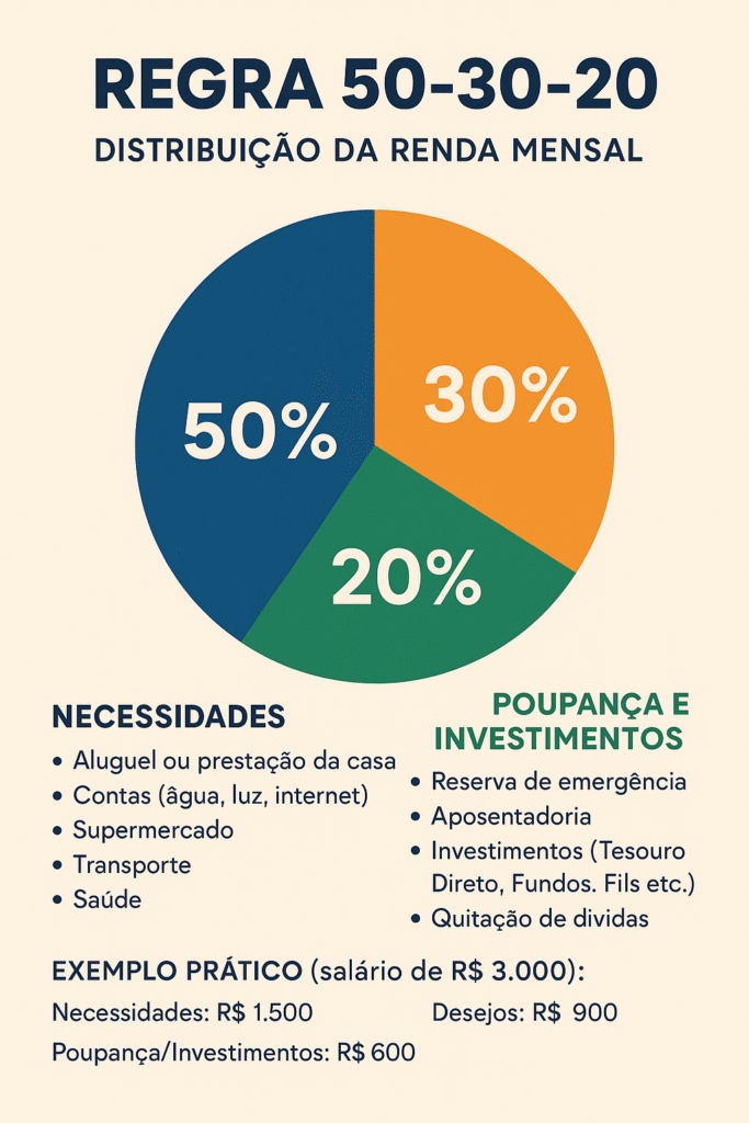 Infográfico visual da regra 50/30/20 com ícones