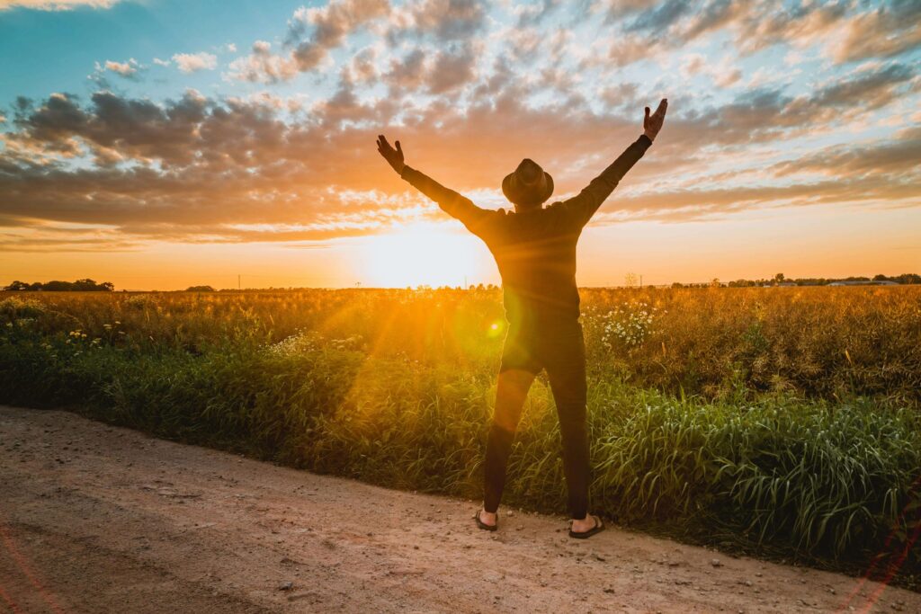 Uma pessoa de costas, com os braços abertos, em um campo verde e vasto ao pôr do sol, representando a sensação de liberdade e plenitude após conquistar a independência financeira.