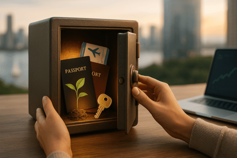 Uma imagem fotorrealista de mãos fechando um cofre que contém passaportes e uma passagem, simbolizando a liberdade e as opções alcançadas com a independência financeira.