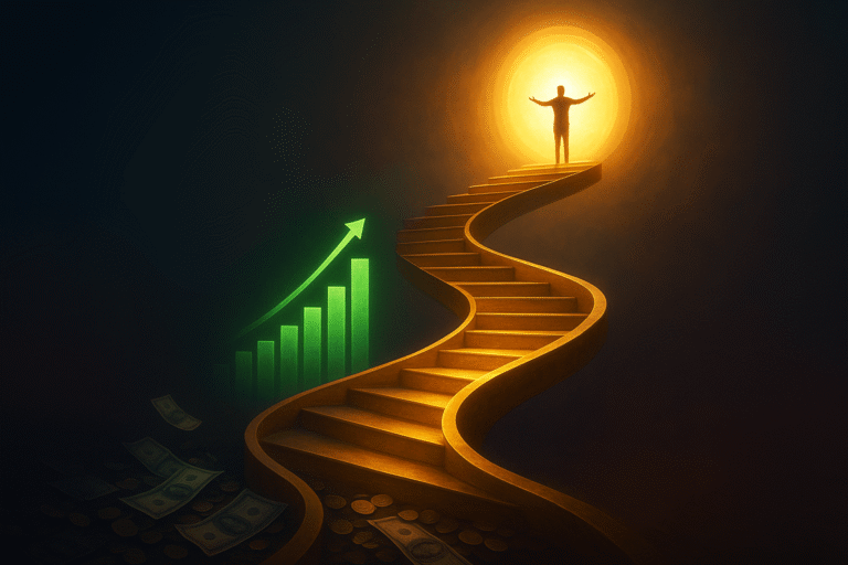 Ilustração 3D da jornada da riqueza, mostrando uma escada com três patamares. O primeiro patamar representa a dívida, o segundo o crescimento e o terceiro a liberdade financeira. A imagem simboliza a jornada para a prosperidade.